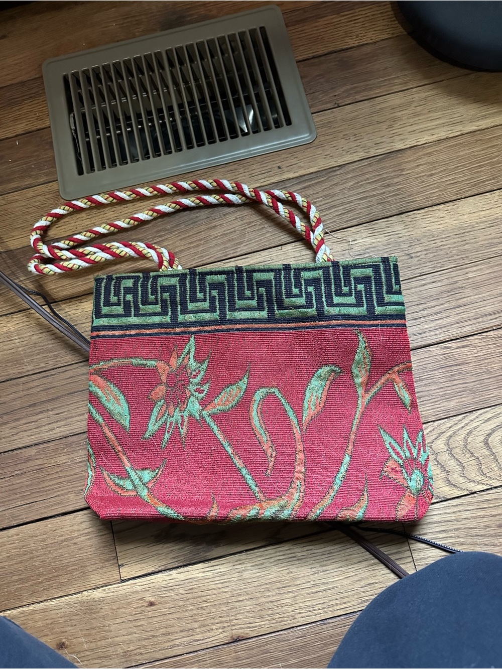 Woven Floral Red Shoulder Bag with Rope Strap
